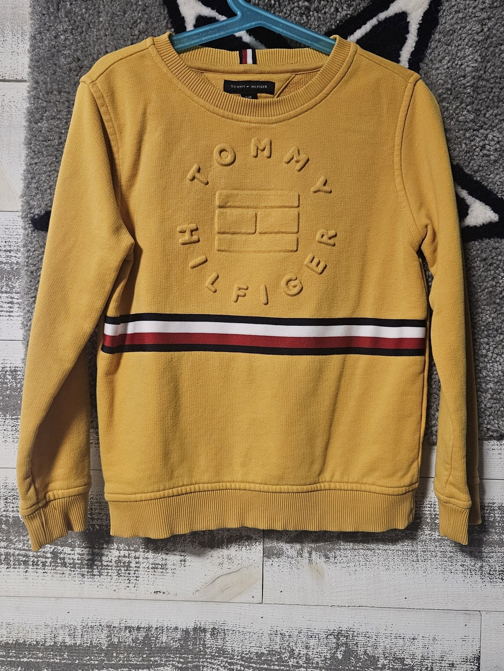 Tommy Hilfiger Kids  Mustard Logo Crewneck Sweater with Signature Stripe